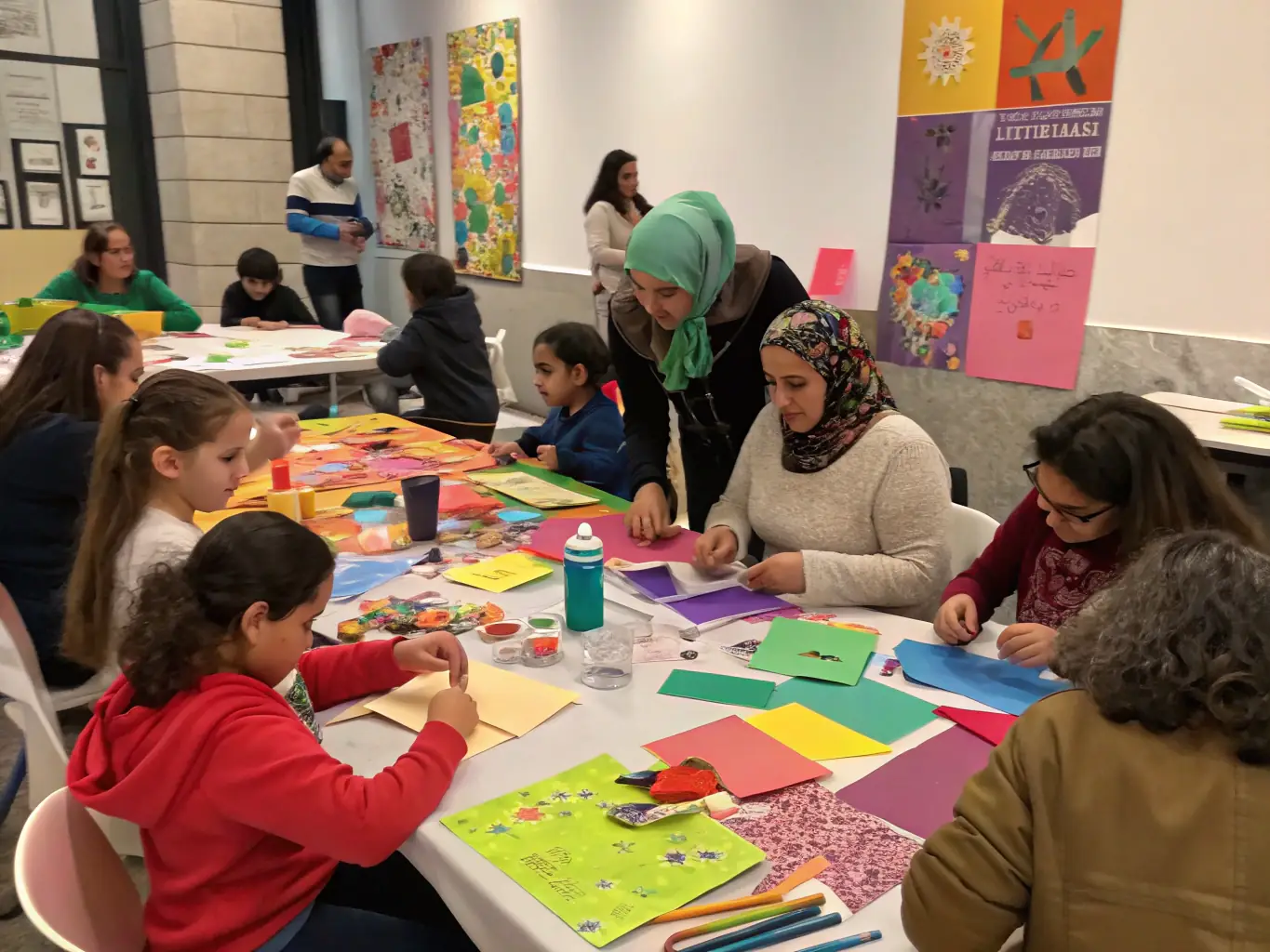 A lively image of children and adults participating in an interactive educational workshop inside a historic room, with art supplies, historical artifacts, and enthusiastic instructors engaging the group in creative activities.