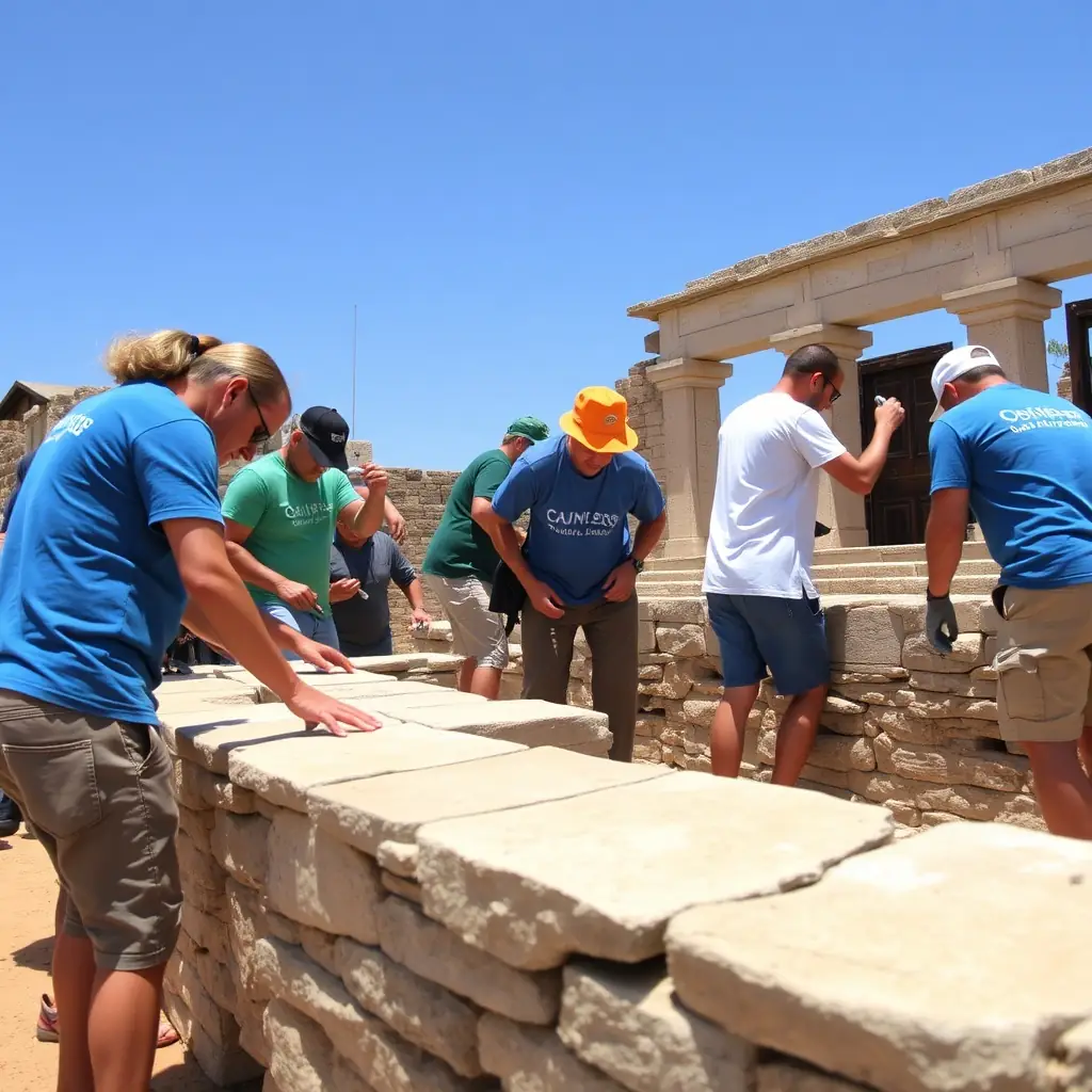 A group of visitors participating in a hands-on restoration workshop, learning traditional masonry techniques at the château.