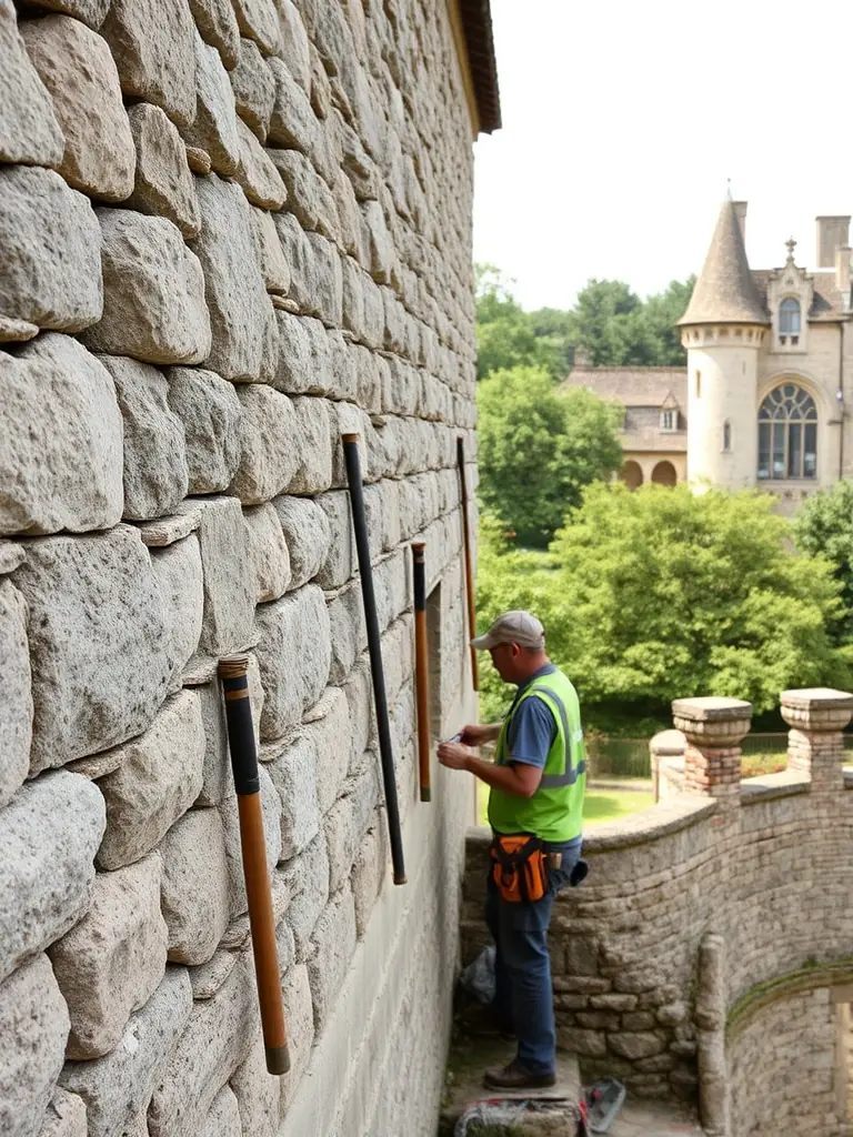 A candid image of local volunteers restoring a historic garden at the château, with tools in hand and teamwork evident, emphasizing community involvement.