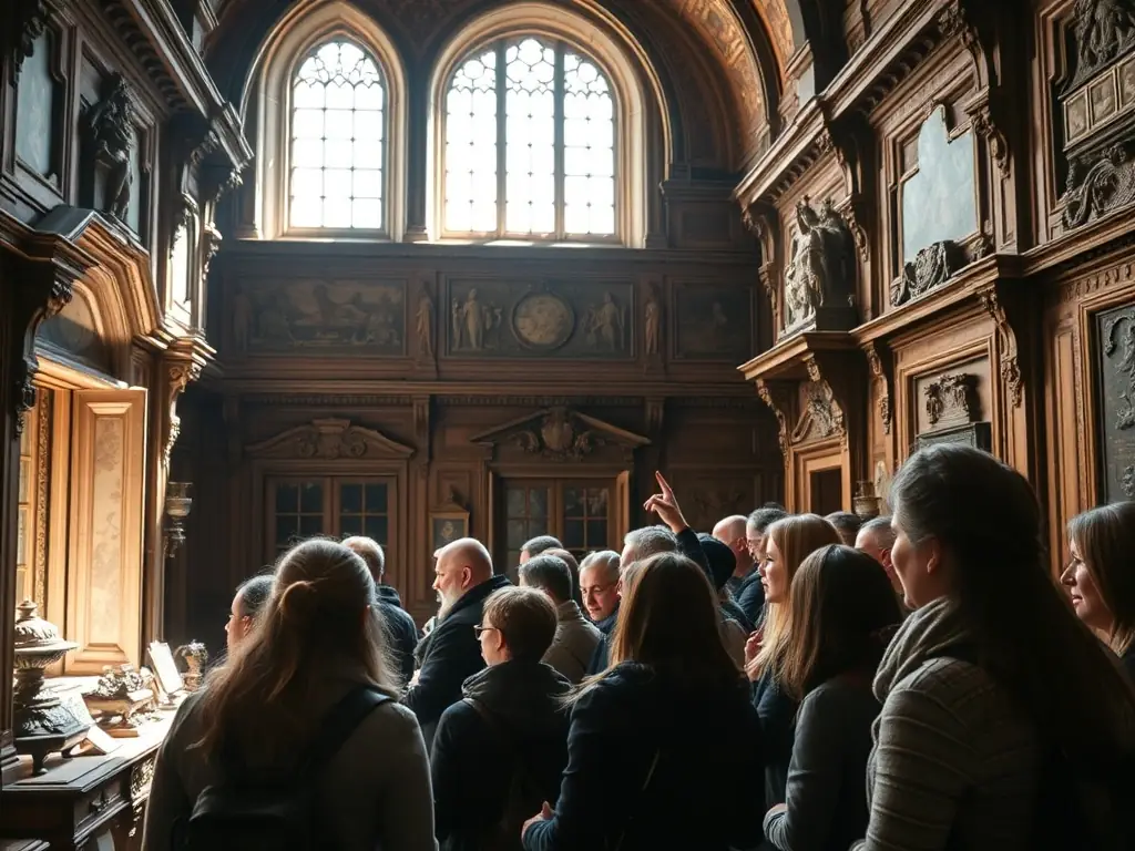 A vibrant scene of a knowledgeable guide leading a group of visitors through the ornate halls of Château de Bussy-Rabutin, highlighting historical paintings and architectural details, with attentive guests listening and taking notes.