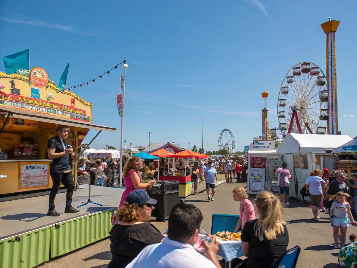 A festive outdoor gathering in the château gardens, with musicians performing, guests enjoying local cuisine, and colorful decorations celebrating a cultural festival or community event.
